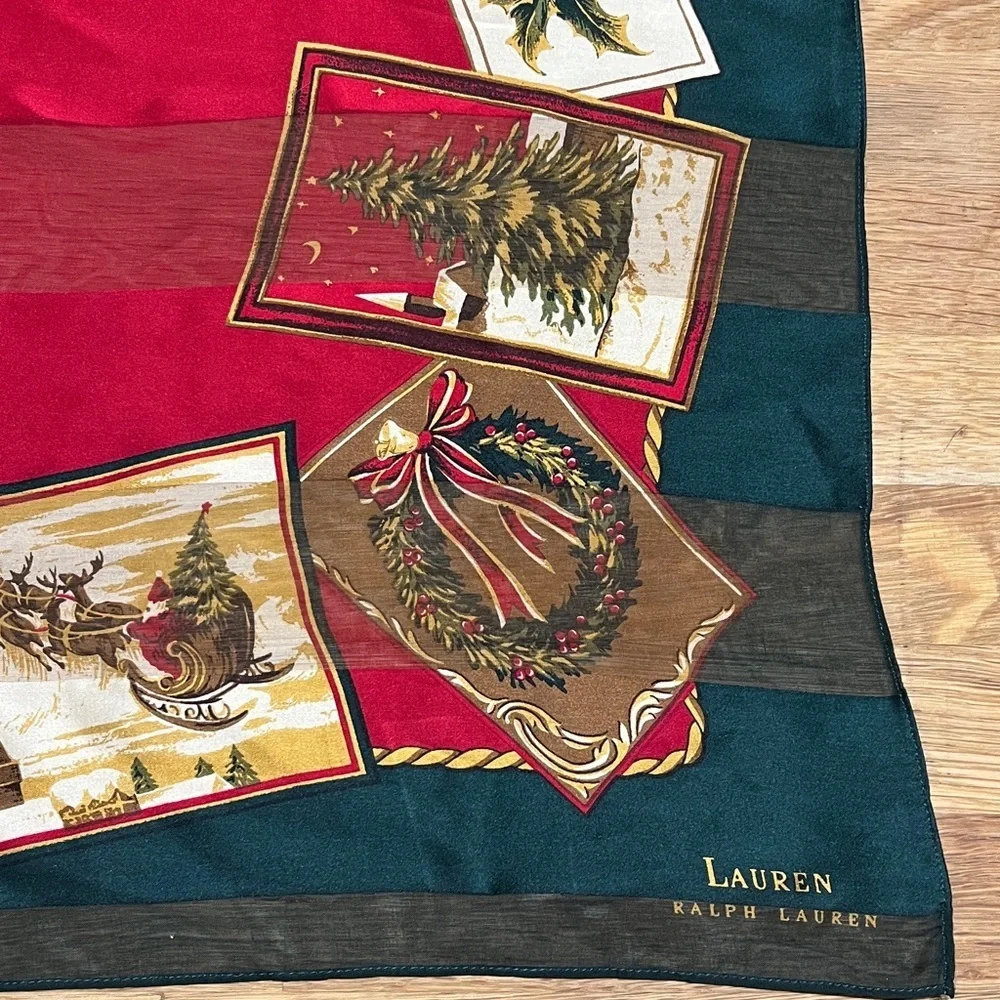Lauren Ralph Lauren 100% Silkisoie Red & Green Christmas Postcards Square Scarf